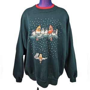 Vintage‎ 90s Day Break Forest Green Winter Cardinal Bird Sweatshirt Size 2XL D99